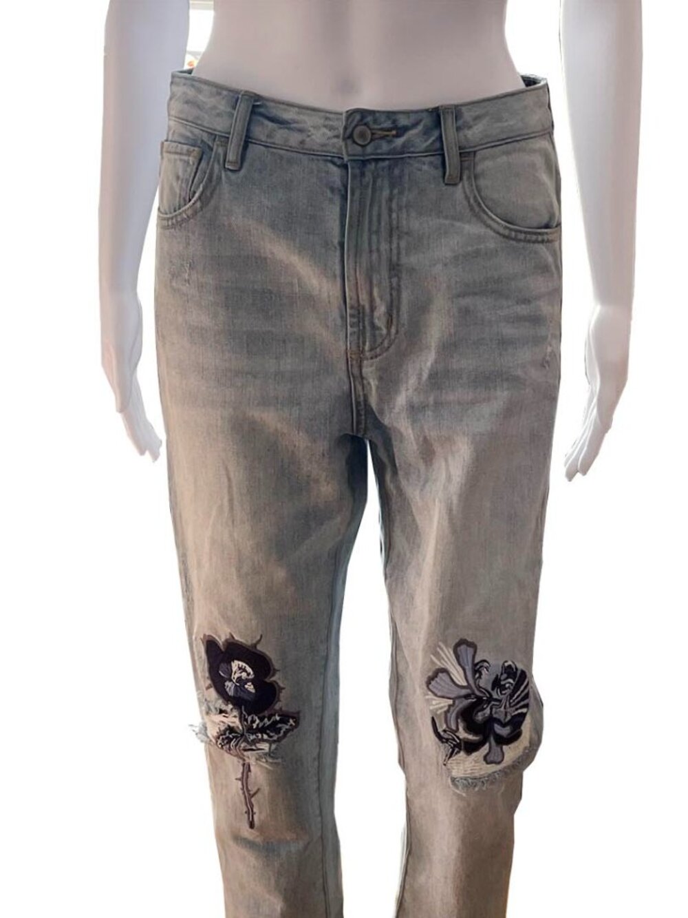 Vintage Wash Floral Embroidered Distressed Hem Straight Leg Jeans